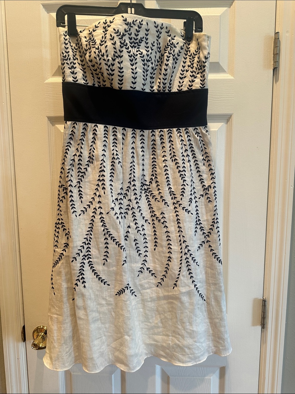 Strapless ivory linen Dress with navy Leaf Embroidery and Black Waistband